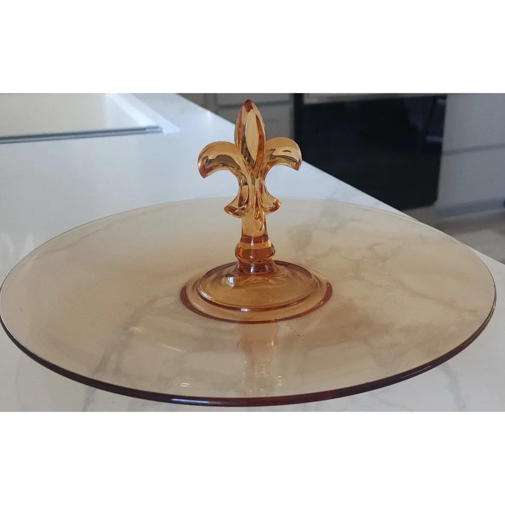 Vintage Fleur-De-Lis Serving Plate Dish Depression Glass Amber Pink Peach 11.5